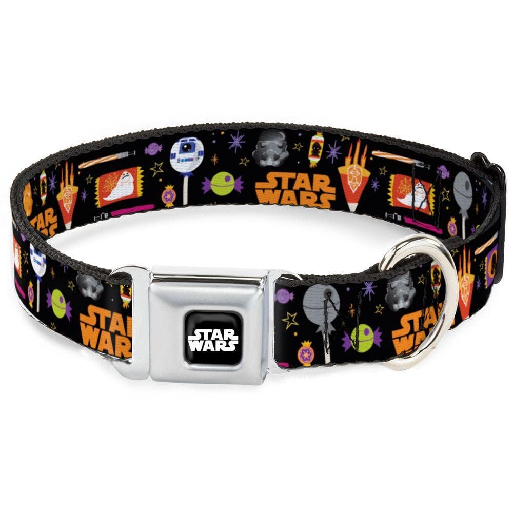 STAR WARS Logo Black/White Seatbelt Buckle Collar - Star Wars Festive Candy Icons Collage Black/Multi Color 1.5" Wide - Fits 20-31" Neck - Large - 1 Count