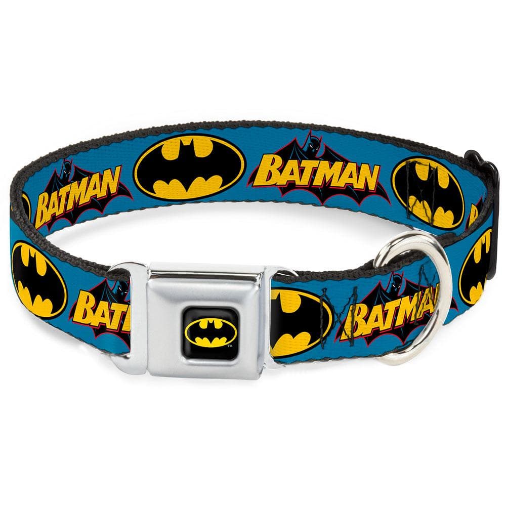 Batman Black/Yellow Seatbelt Buckle Collar - Vintage Batman Logo & Bat Signal Blue 1" Wide - Fits 9-15" Neck - Small - 1 Count