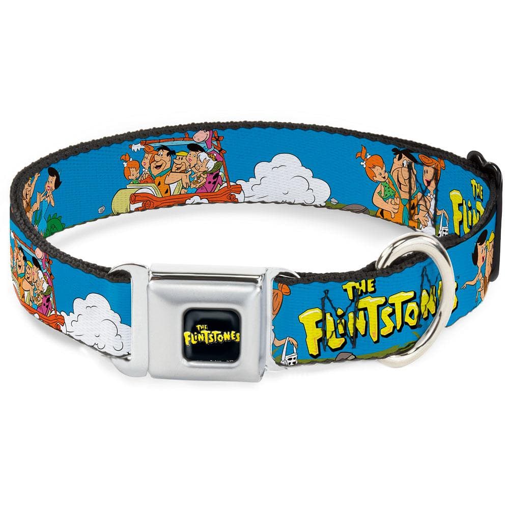 THE FLINTSTONES Logo Full Color Black/Yellow Seatbelt Buckle Collar - The Flintstones and Rubbles Group Pose/Logo Blue 1" Wide - Fits 9-15" Neck - Small - 1 Count