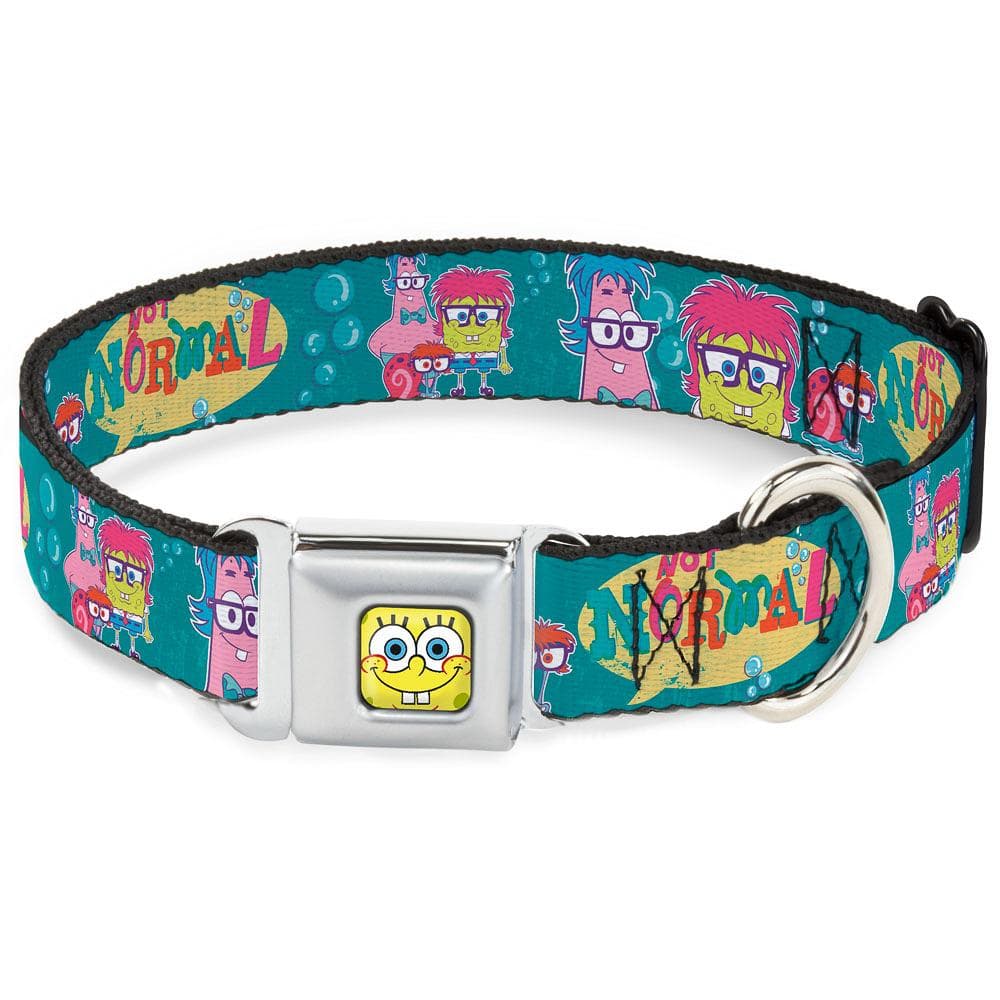 Sponge Bob Face CLOSE-UP Full Color Seatbelt Buckle Collar - Patrick, SpongeBob & Gary NOT NORMAL Aqua 1.5" Wide - Fits 16-23" Neck - Medium - 1 Count
