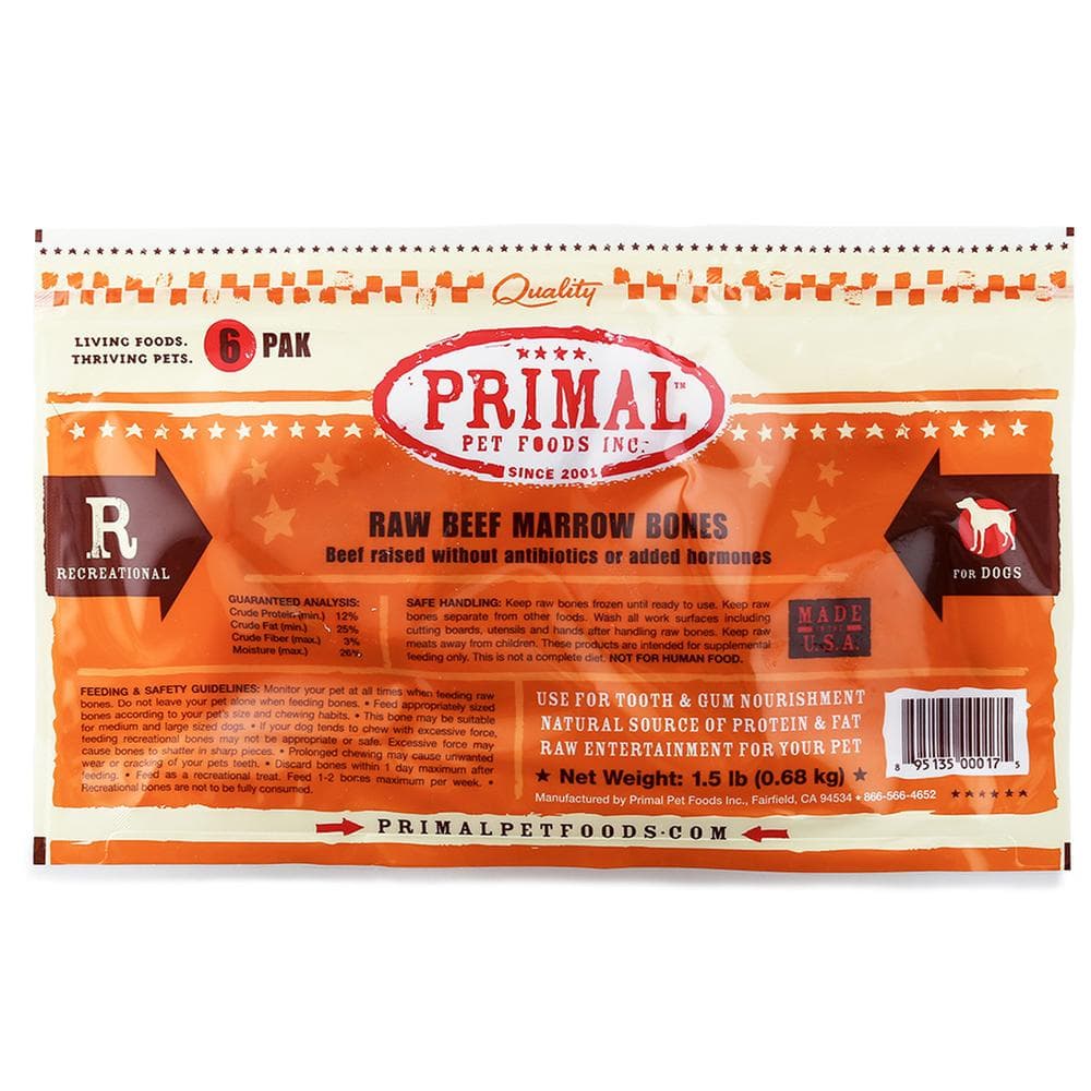 Primal Raw Frozen Recreational Beef Marrow Bones for Dogs & Cats 2" 6 Count